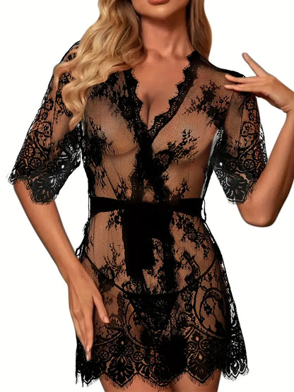 Floral Lace Mesh Night Robe, Sultry Short Sleeve V Neck Sheer Robe With Belt, Women's Sleepwear