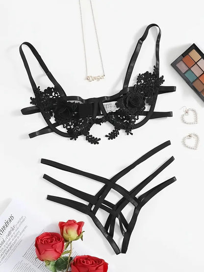 Appliques Hollow Out Sexy Lingerie Set for Valentine's Day, Women's Sexy Lingerie & Underwear