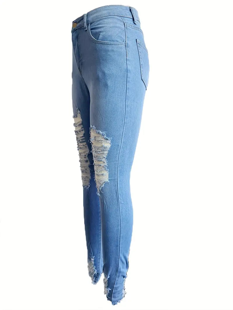 Blue Ripped Holes Skinny Jeans, Ultra Distressed Slim Fit Frayed Hem Casual Denim Pants, Women's Denim Jeans & Clothing