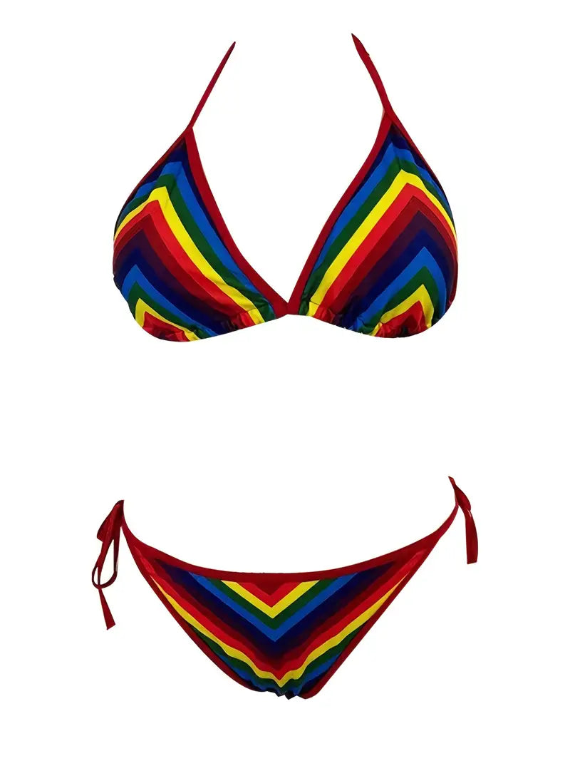 Plus Size Rainbow Color High Leg Cut Bikini Set, Women's Plus High Stretch Vacay Swimsuit Set 2pcs