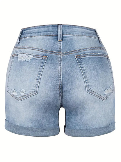 Plus Size Casual Denim Shorts, Women's Plus Ribbed Roll Up Hem Mid Rise High Stretch Washed Denim Shorts