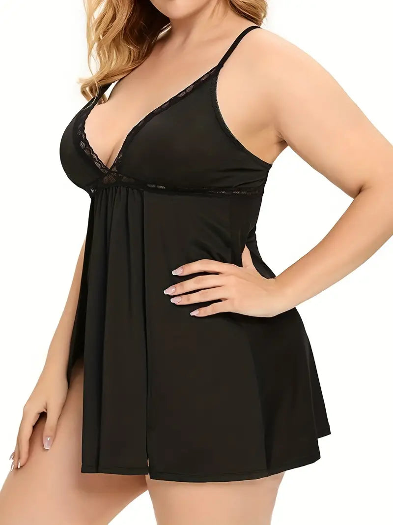 Plus Size Sexy Lingerie Dress Set, Women's Plus Split Hem V-neck Cut Out Babydoll Nightdress & Panty Two Piece Set