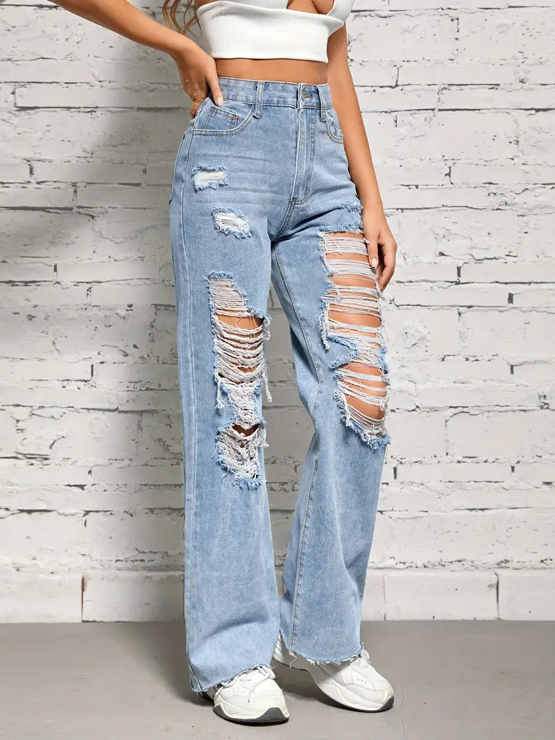 Women's Denim Jeans & Clothing: Blue Raw Hem Straight Jeans with Ripped Holes & High Waist Loose Fit