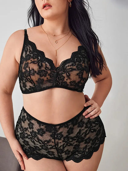 Plus Size Contrast Lace Semi Sheer Solid Sexy Lingerie Set, Women's Plus Medium Stretch High Waist Sexy Lingerie Set