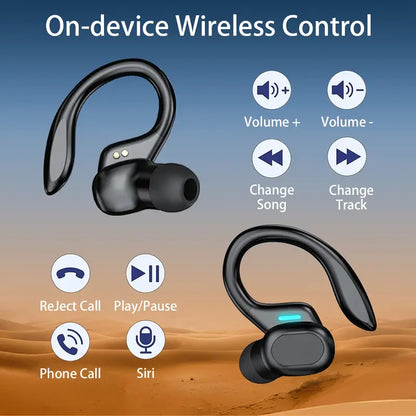 Stereo Wireless Earbuds With Mic, Headphones With Noise Cancelling Mic, Sport Ear-hook Headset, Phone Ear Headphones With LED Display Charing Case, Wireless Running Sports Earbuds