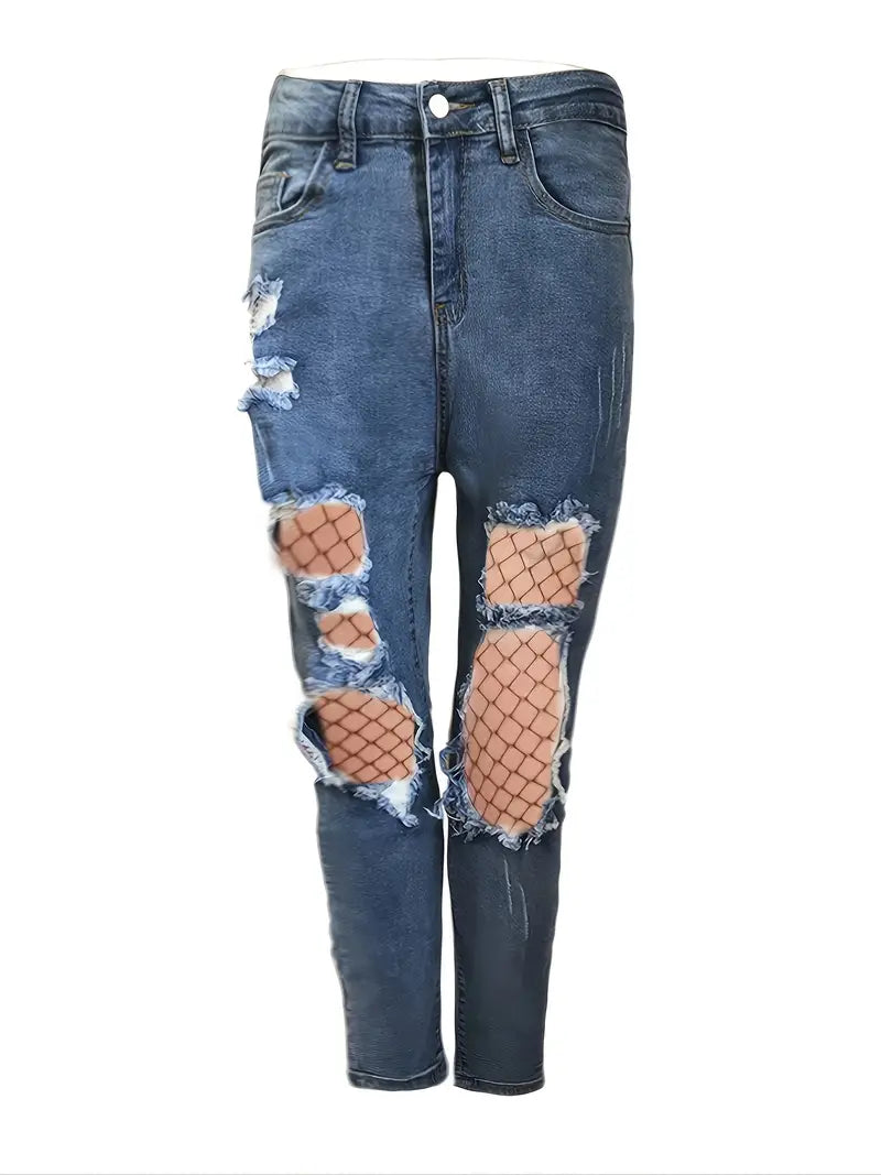 Women's Slim Fit Distressed Denim Jeans with Ripped Holes and Fishnet Stocking Accents