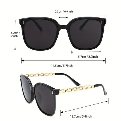 2pairs Trendy Cool Black Frame Sunglasses Set, Rimless Sunglasses & Hollow Golden Chain Design Temples Full Rim Sunglasses, Men Women Casual Versatile Party Driving Decors , Ideal Choice For Gifts