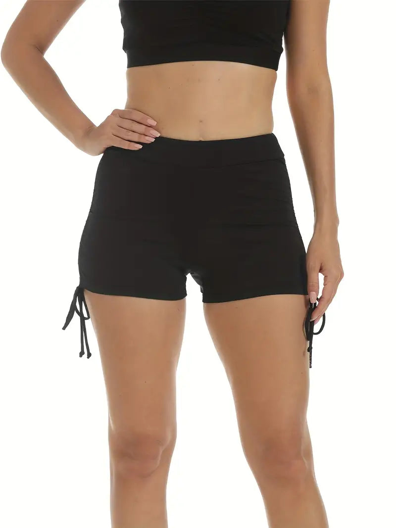 Ropa deportiva para mujer: pantalón corto deportivo negro con tirantes con cordón, cintura alta ajustada y pantalón corto deportivo de gran elasticidad 