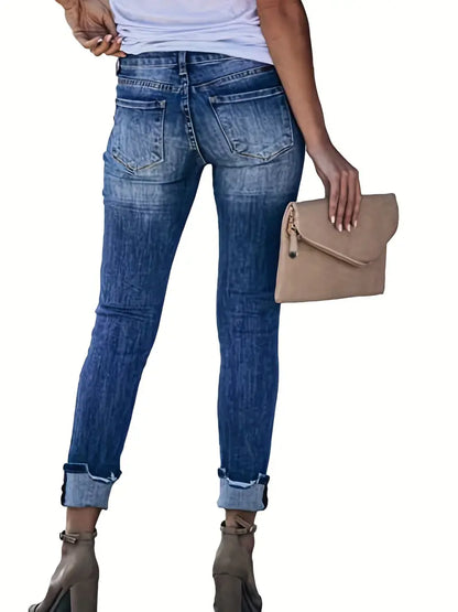 Blue Ripped Holes Straight Jeans, Slant Pockets High Stretch Casual Denim Pants, Women's Denim Jeans & Clothing