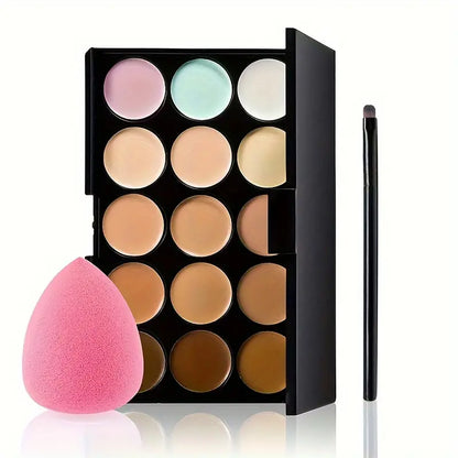 15-color Concealer Palette Waterproof Foundation To Cover Facial Acne Marks, Dark Circles, Freckles, Scars, Isolation, Brightening And Contouring With Beauty Egg Brush