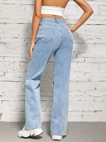 Women's Denim Jeans & Clothing: Blue Raw Hem Straight Jeans with Ripped Holes & High Waist Loose Fit