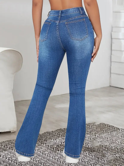 Women's High Waisted Ripped Denim Jeans with Flare Leg, Mom Fit & Kangaroo Pocket - Stylish & Comfortable Denim Clothing