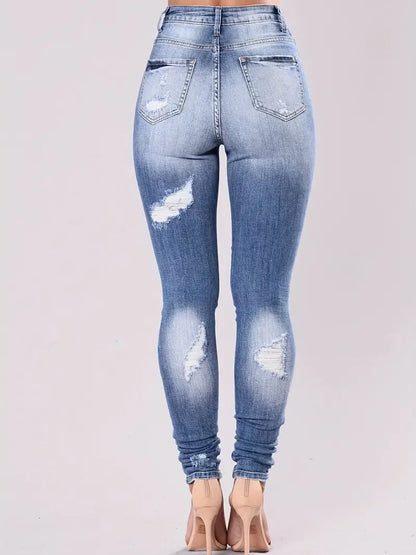 Ripped Whiskering Distressed Skinny Jeans, High Rise Slash Pocket Washed Blue Stretchy Denim Pants, Women's Denim Jeans & Clothing