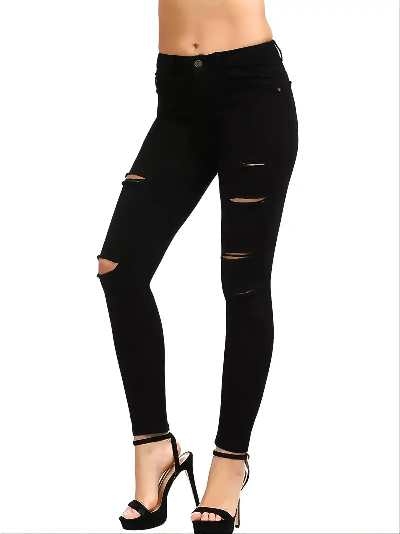 Pantalon en denim skinny déchiré noir, jean à poche inclinée stretch solide, pantalon en denim en détresse pour femmes 