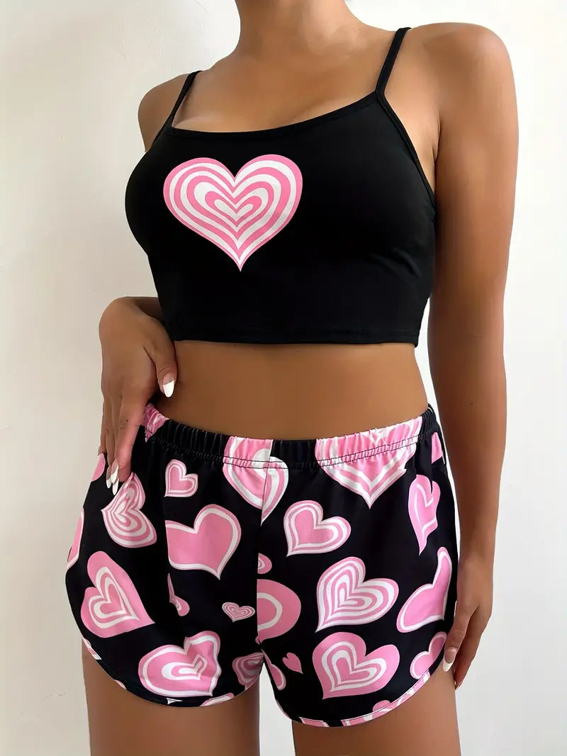 Plus Size Casual Pajamas Set, Women's Plus Cute Heart Print Cami Top & Shorts 2pcs Set