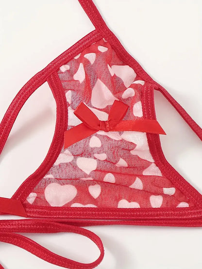 Flaunt Your Curves in This Sexy Plus Size Lingerie Set - Heart Print Mesh Cut Out Tie Back Bra & Strappy Thong!