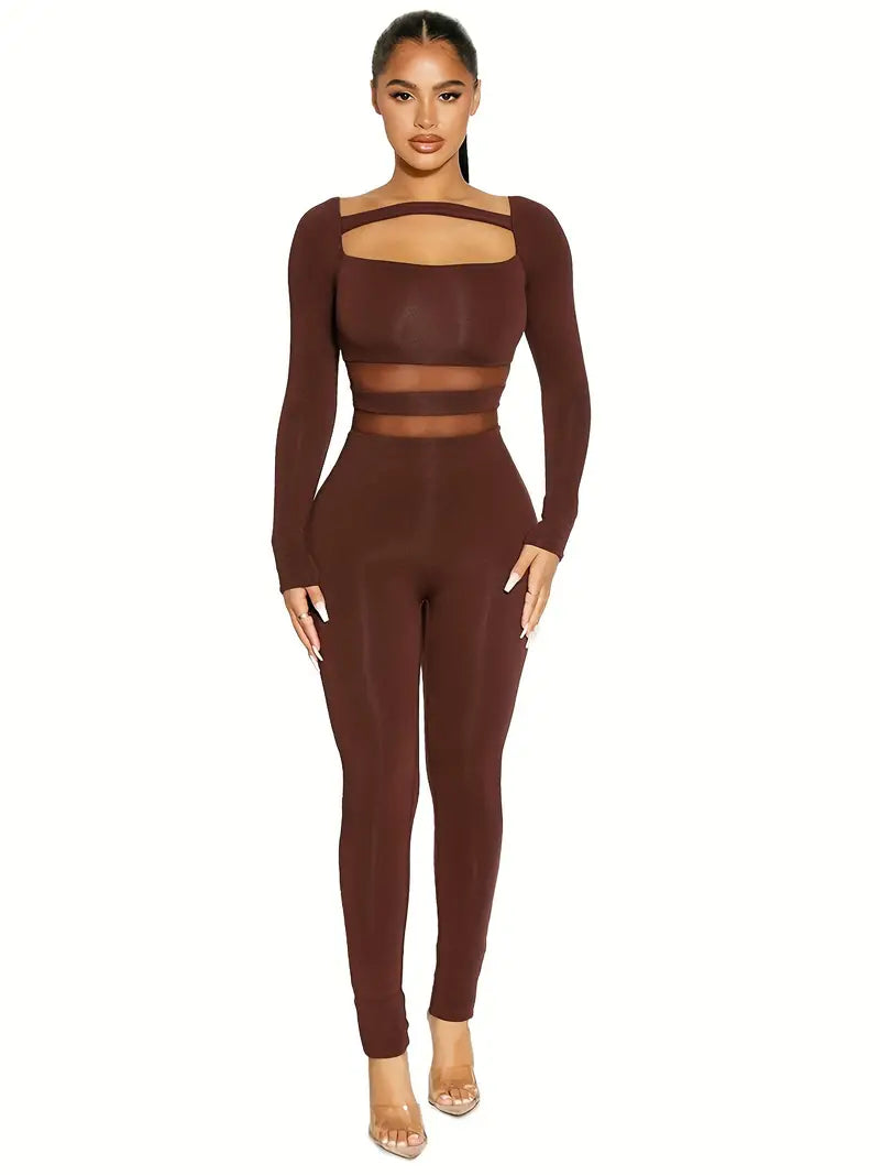 Solid Cut Out Mesh Splicing Jumpsuit, Casual Slim Long Sleeve Jumpsuit For Spring & Fall, Women's Clothing