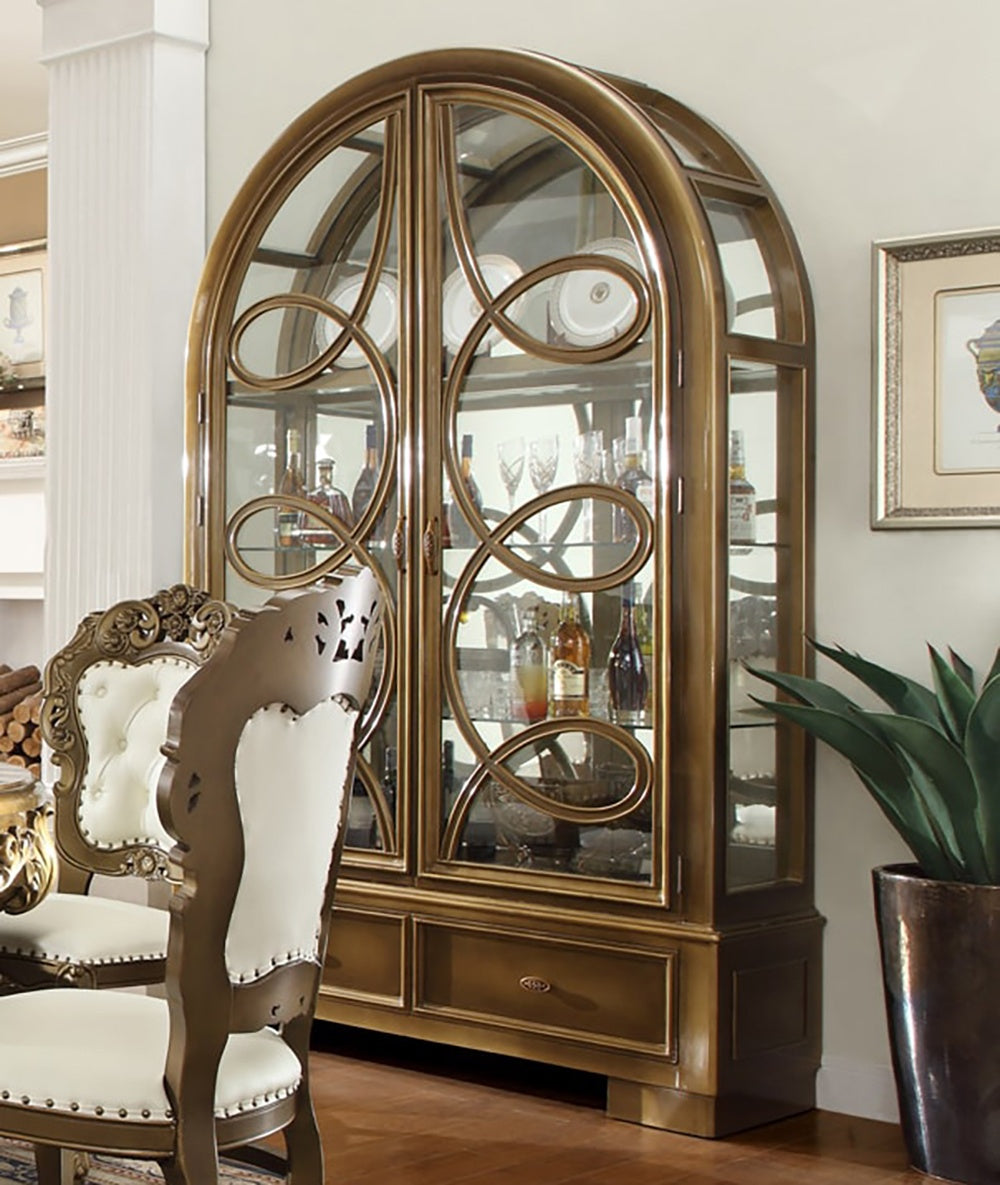 Curio Cabinet in Metallic Antique Gold and Perfect Brown