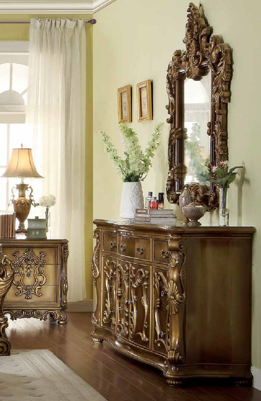 Dresser/Buffet with Mirror in Metallic Antique Gold and Perfect Brown