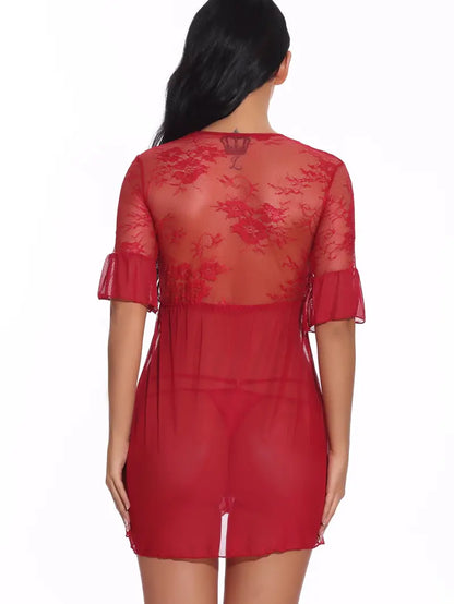 Floral Lace Front Open Sleepwear, Sexy Mesh Sheer Nightwear Dress, Women's Sleepwear & Loungewear