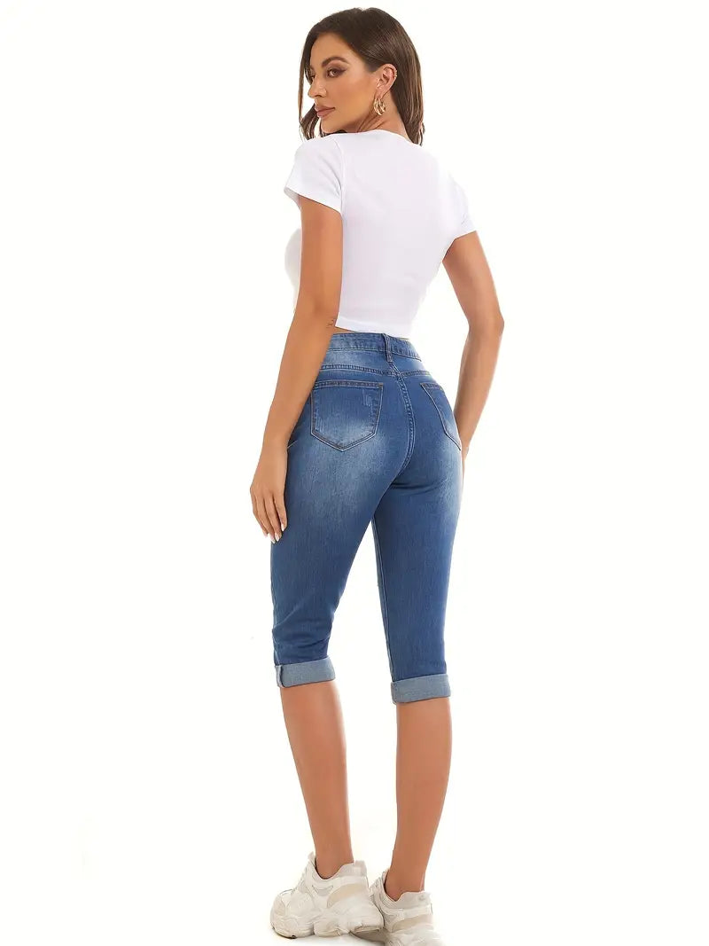 Blue Ripped Holes Capris Jeans, Slim Fit Mid-Stretch Cropped Denim Pants, Women's Denim Jeans & Clothing