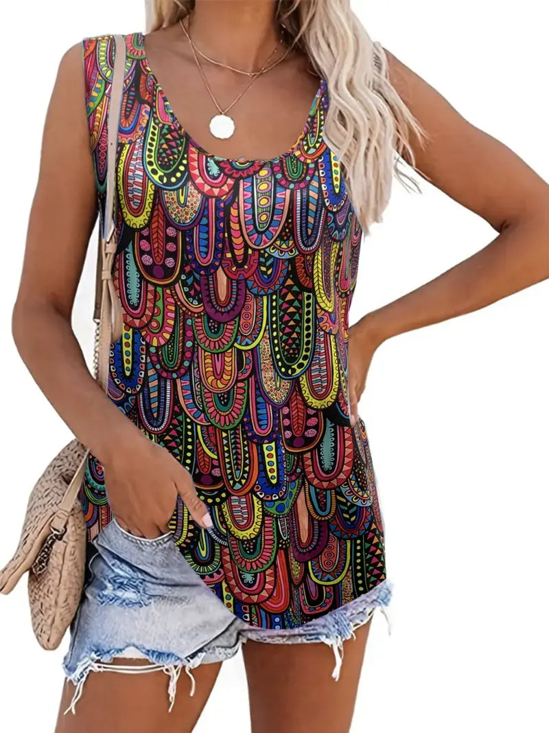 Ethnic Print Tank Top, Casual Crew Neck Sleeveless Summer Full Printed Tank Top, Women's Clothing