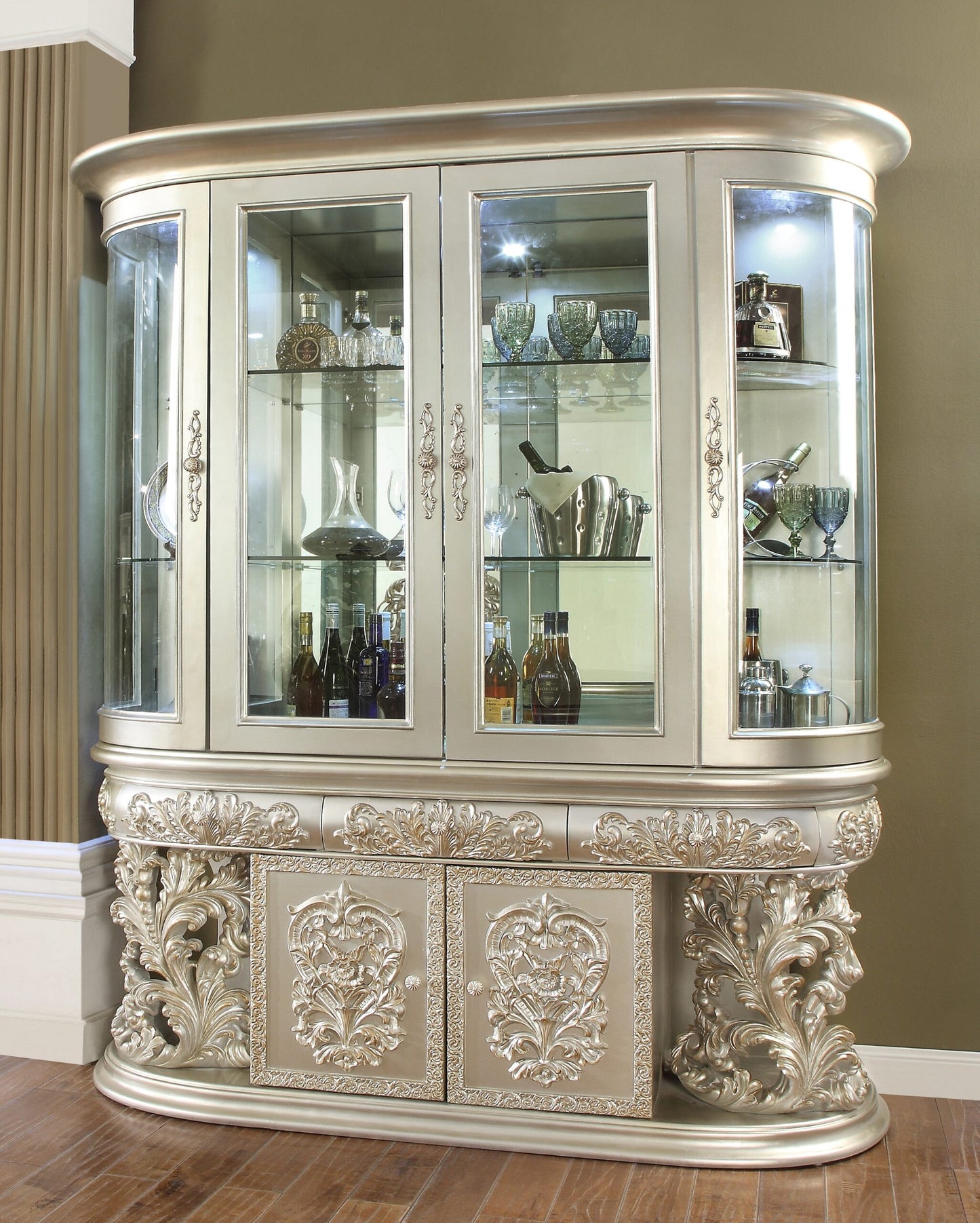 China Cabinet in Metallic Silver with Gold Highlights