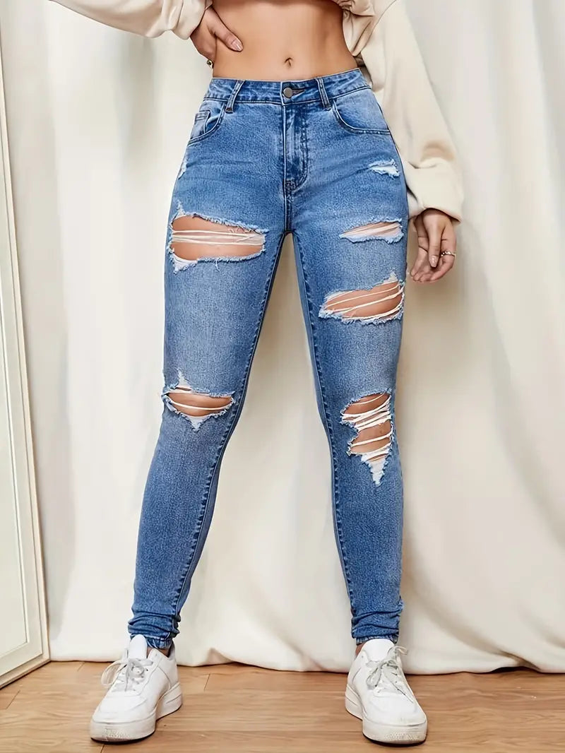 Ripped Distressed Skinny Jeans, Solid Color Washed Blue Zipper Button Closure Sexy Denim Pants, Women's Denim Jeans & Clothing