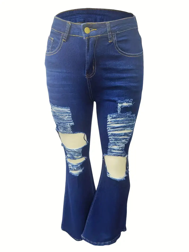 Ripped Stretchy Flare Leg Jeans, Distressed High Rise Solid Deep Blue Mopping Bell Bottoms Denim Pants, Women's Denim Jeans & Clothing