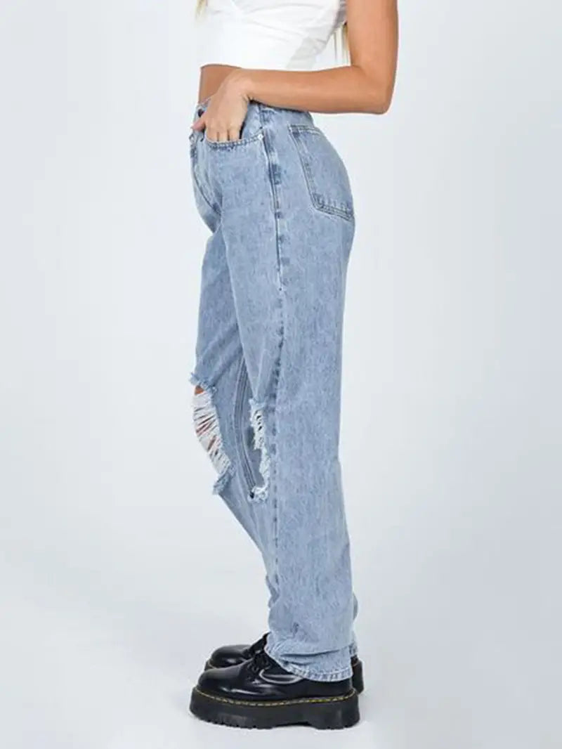 Ripped Holes Distressed Straight Jeans, Casual High Rise Wide Leg Baggy Denim Pants, Women's Denim Jeans & Clothing