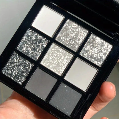 Black Swan 9 Color Eyeshadow Palette, Smokey Punk Style, Light Grey Dark Silver Cool Pearly And Shimmer Eyeshadow Makeup