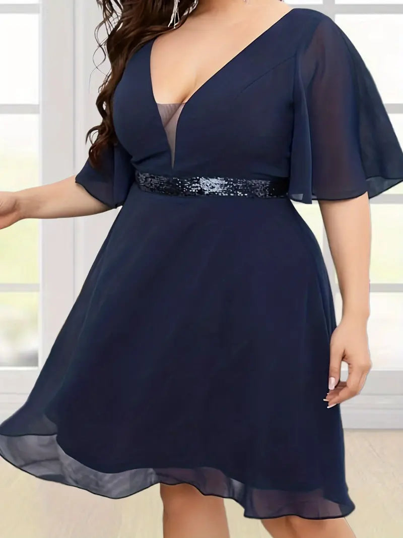 Plus Size Sexy Bridesmaid Dress, Women's Plus Sequin Ruffle Sleeve Deep V Neck Layered Swing Wedding Dress