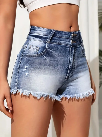 Double Button Raw Hem Ripped Denim Shorts, Faded High Waist Washed Slash Pocket Summer Denim Shorts, Women's Denim Jeans & Clothing