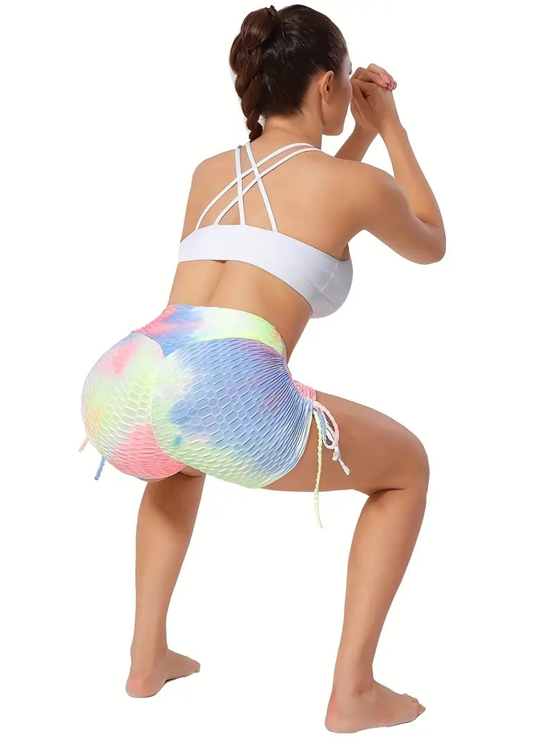 Short de Yoga à cordon latéral imprimé Tie Dye, short de gymnastique d'entraînement de Fitness Sexy en tissu Seersucker, vêtements de sport pour femmes 