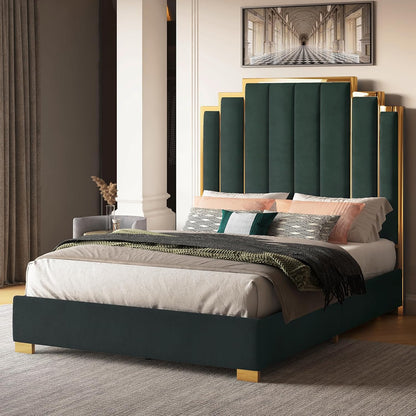 King - Queen Size Platform Bed Frame Velvet Upholstered Bed with Gold Trim