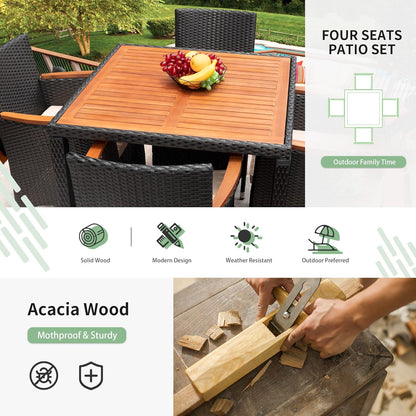 5-7 Piece Wicker Patio Dining Set Outdoor Acacia Wood Table and Chairs with Soft Cushions Furniture for Deck, Backyard, Garden