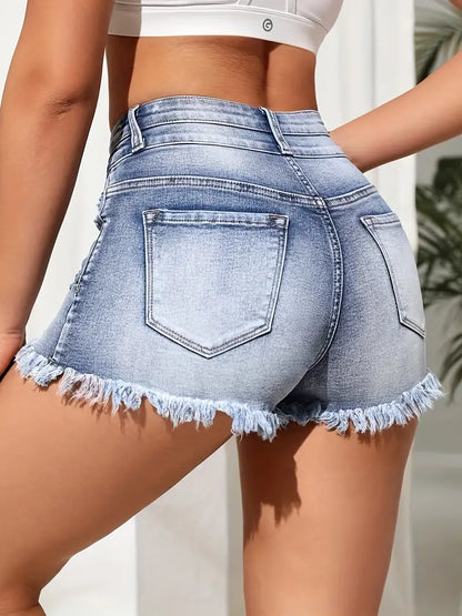 Double Button Raw Hem Ripped Denim Shorts, Faded High Waist Washed Slash Pocket Summer Denim Shorts, Women's Denim Jeans & Clothing