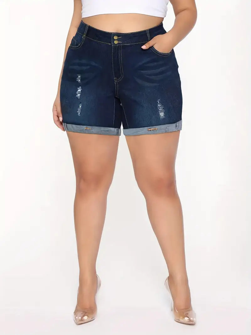 Plus Size Casual Denim Shorts, Women's Plus Ripped High Rise Medium Stretch Denim Shorts