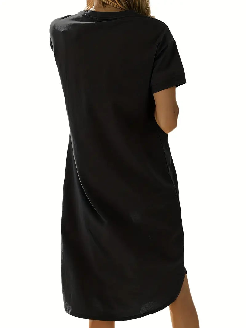 Crew Neck Mid Length Dress, Short Sleeve Solid Summer Pockets Dresses, Women's Clothing