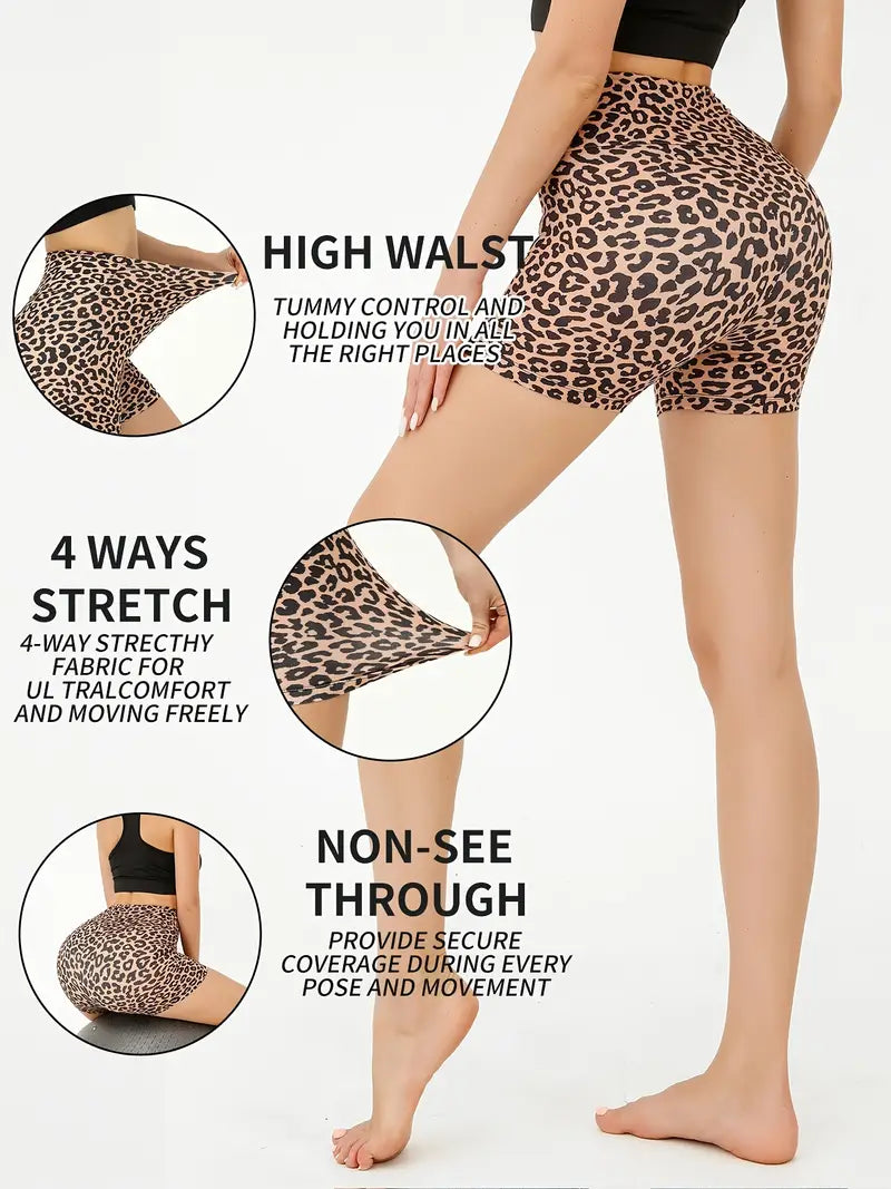 Women's Leopard Print Activewear: Stretchy Yoga Shorts for Spring & Summer Workouts!