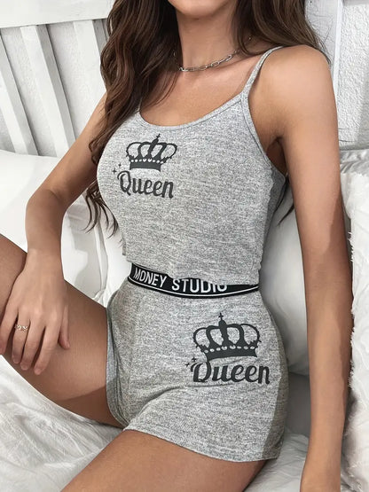 Letter Print Lounge Set, Round Neck Cami Top & Elastic Waistband Shorts, Women's Loungewear & Sleepwear