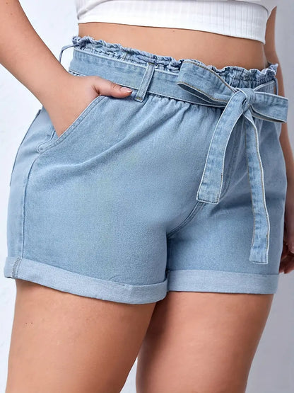 Plus Size Casual Denim Shorts, Women's Plus Solid Elastic Paperbag Waist Roll Hem High Rise Denim Shorts With Belt