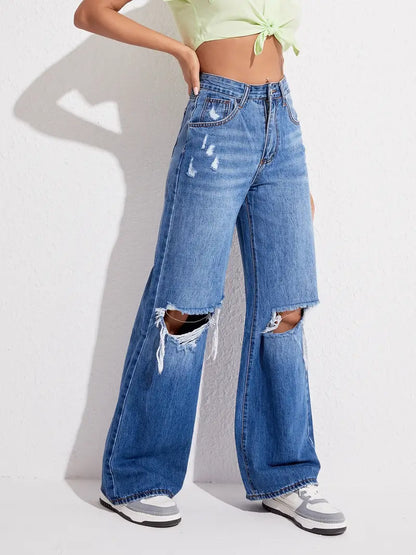 Blue Loose Fit Straight Jeans, Slash Pockets Ripped Holes High Waist Baggy Denim Pants, Women's Denim Jeans & Clothing