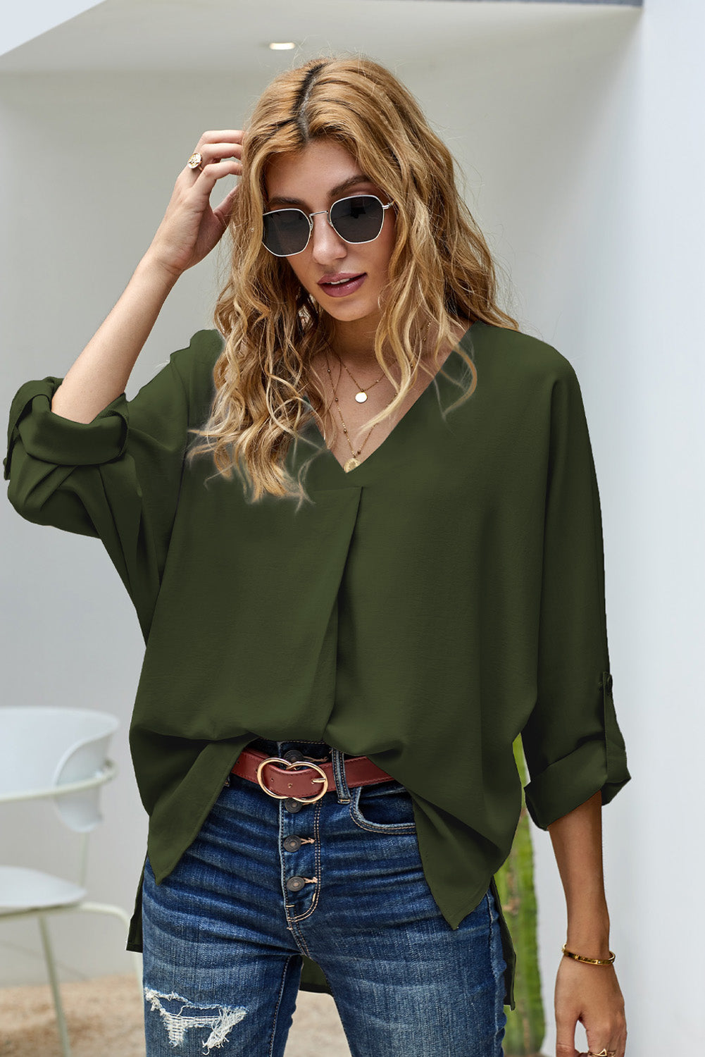 V-Neck Roll-Tab Sleeve Blouse