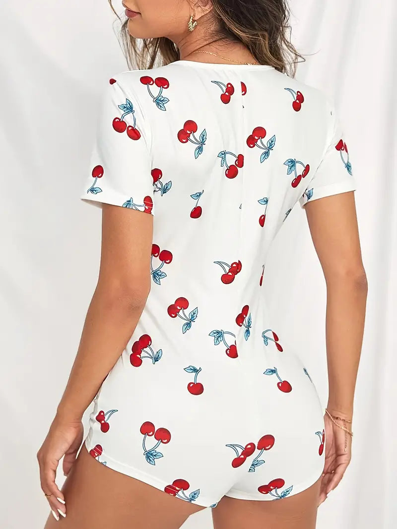 One Piece Cherry Print Sleepwear, Casual & Comfy V Neck Buttons Short Sleeve Jumpsuit, Women's Lingerie & Sleepwear