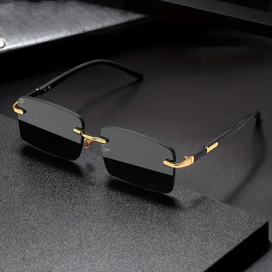 Mens Square Rimless Golden Frame Black Hip Hop Sunglasses Vintage Stylish Design Square Sunglasses