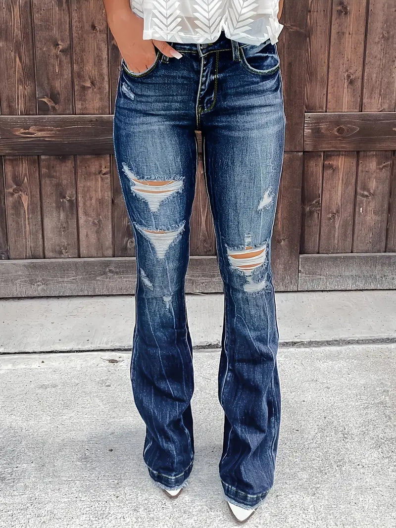 Blue High Waist Ripped Denim Pants, Washed Embossed Crotch Flared Leg Stacked Jeans, Women's Denim Jeans & Clothing