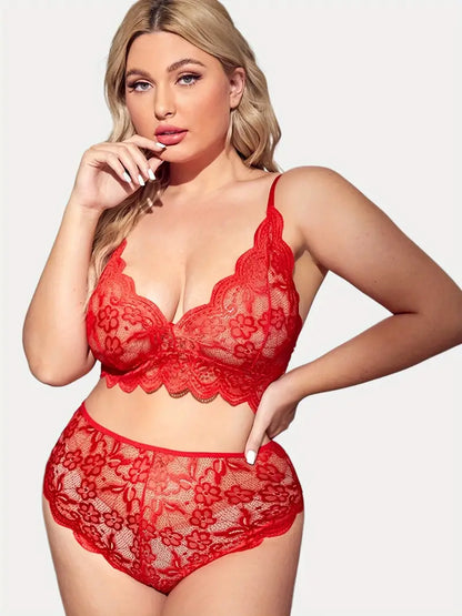 Plus Size Sexy Lingerie Sets: Flaunt Your Curves in Floral Jacquard Contrast Lace Sheer Bra & Panty!