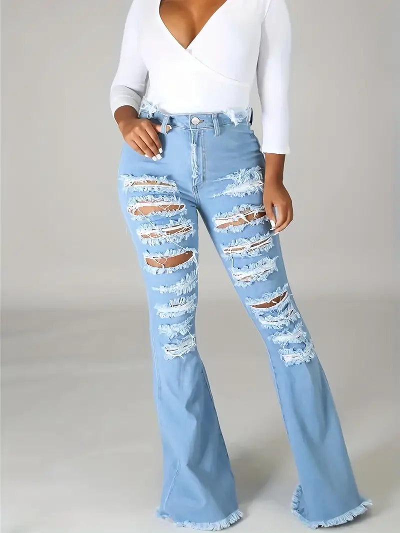 Blue Raw Hem Flare Jeans, Distressed High Waist Ripped Holes Bell Bottom Jeans, Women's Denim Jeans & Clothing