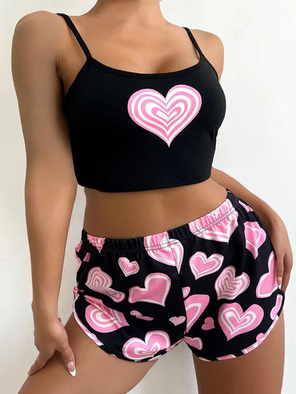 Plus Size Casual Pajamas Set, Women's Plus Cute Heart Print Cami Top & Shorts 2pcs Set